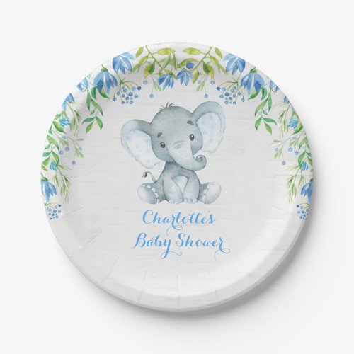 Floral Elephant Baby Boy Shower Blue Party Plate