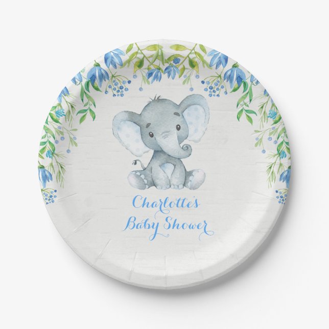 Floral Elephant Baby Boy Shower Blue Party Plate (Front)