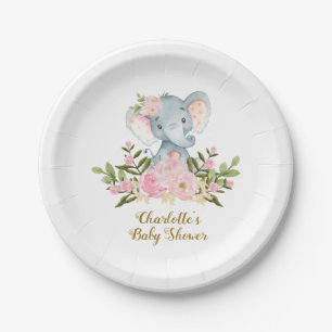 Floral Elephant Baby Girl Birthday Party 7" Plate