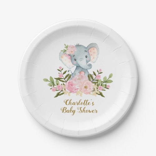 Floral Elephant Baby Girl Birthday Party 7 Plate