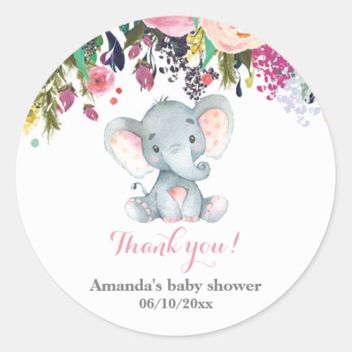 Floral Elephant Baby Shower Blue Thank You Favor Classic Round Sticker