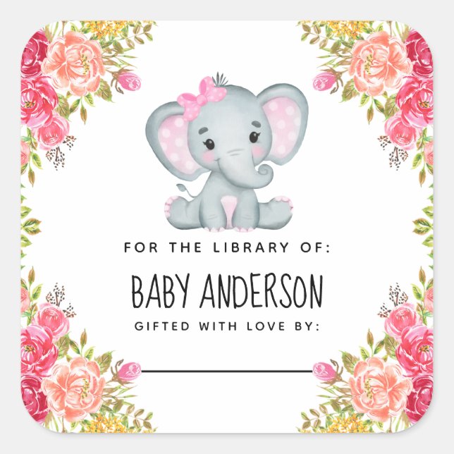Floral Elephant Baby Shower Bookplate  (Front)