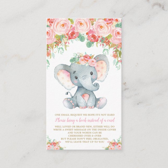 Floral Elephant Baby Shower Bring a Book Enclosure Card (Front)