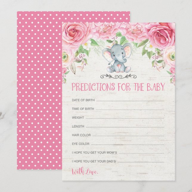 Floral Elephant Baby Shower Game Predictions Card (Front/Back)