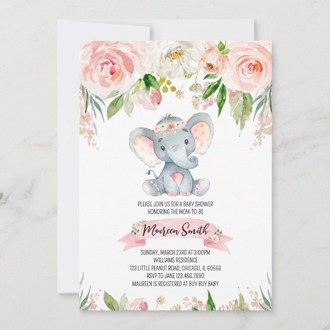 Floral Elephant Baby Shower Invitation (Front)