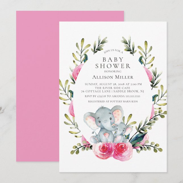 Floral Elephant Baby Shower Invitation (Front/Back)