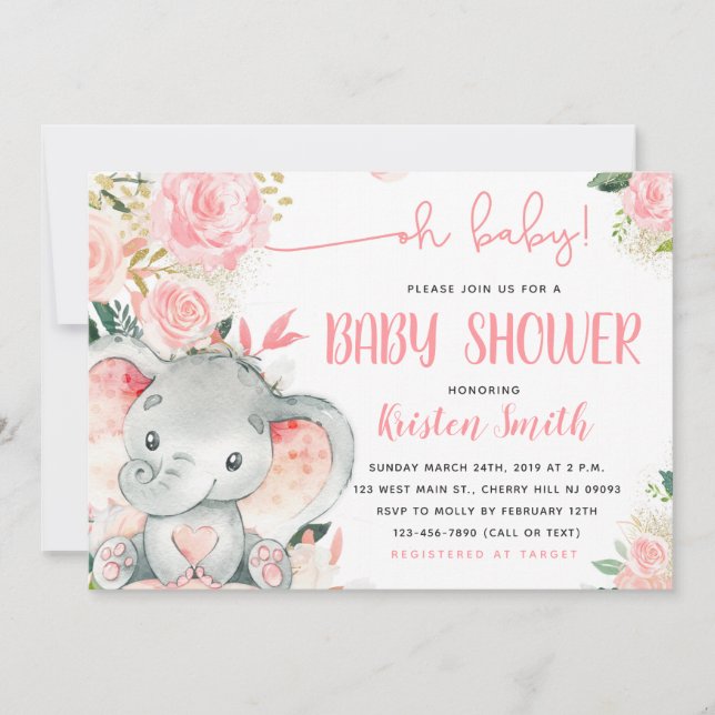 Floral Elephant Baby Shower Invitations for a Girl (Front)