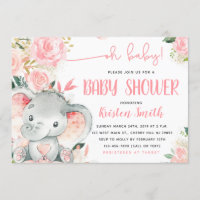 Floral Elephant Baby Shower Invitations for a Girl