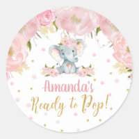 Floral Elephant Baby Shower Ready to Pop Classic Round Sticker