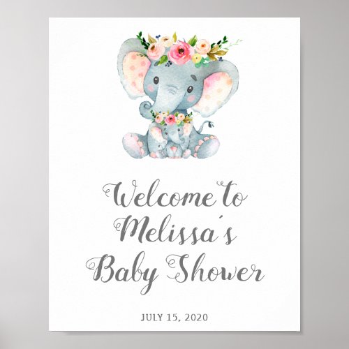 Floral Elephant Baby Shower Sign Baby Girl Shower Poster