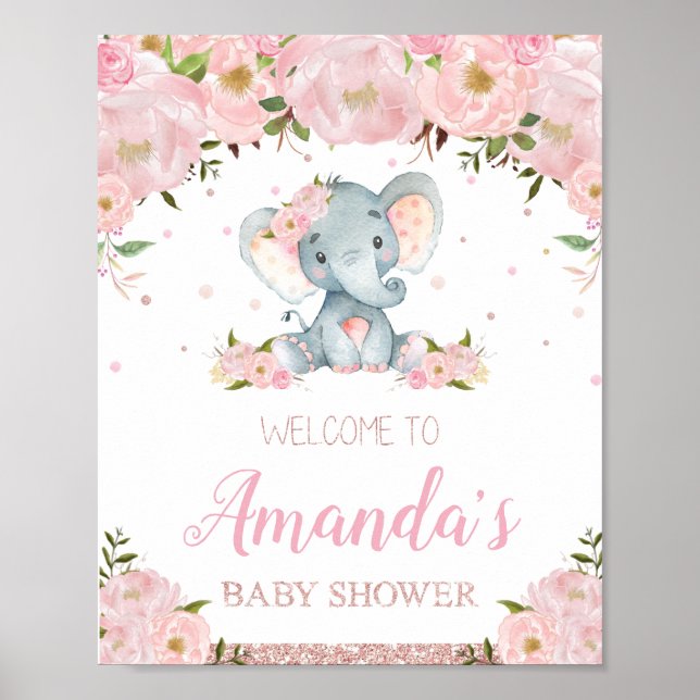 Floral Elephant Baby Shower Welcome Sign Poster (Front)