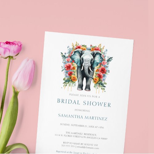 Floral Elephant Bay Blue and White Bridal Shower Invitation