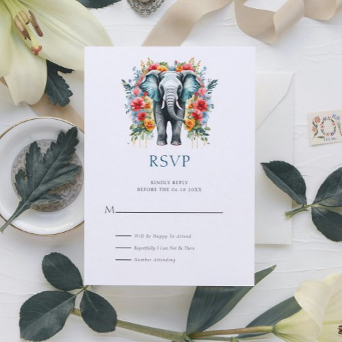 Floral Elephant Bay Blue and White RSVP Card