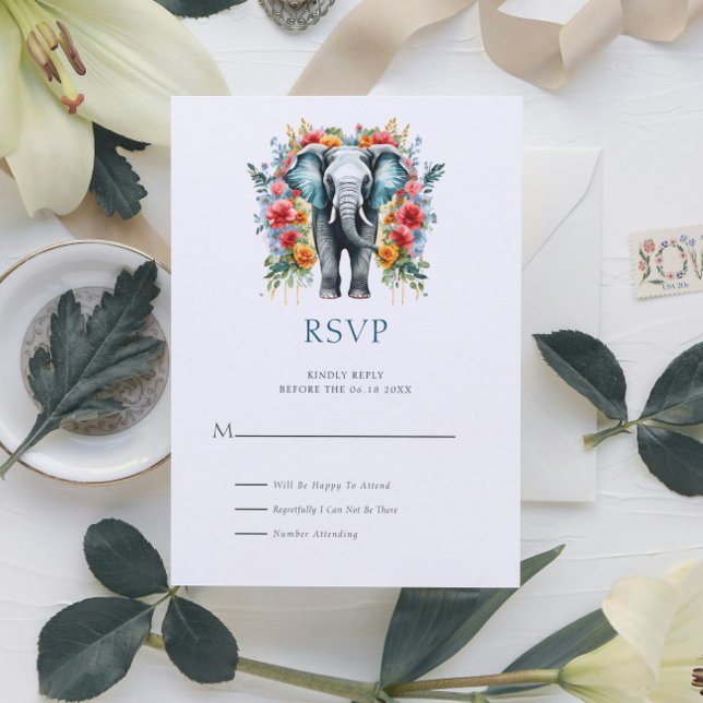 Floral Elephant Bay Blue and White RSVP Card (Creator Uploaded)