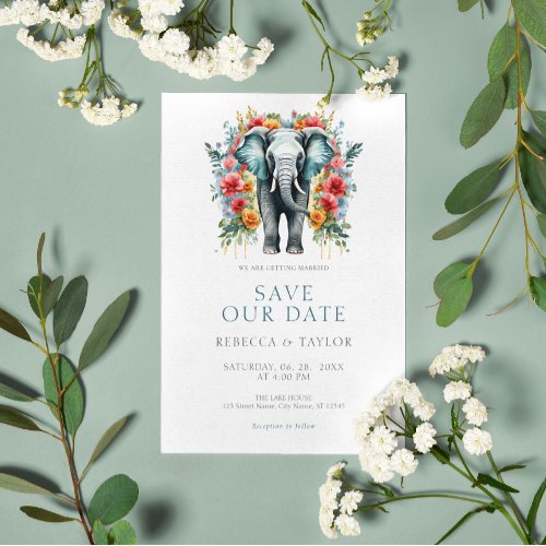 Floral Elephant Bay Blue and White Save the Date Invitation