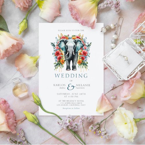 Floral Elephant Bay Blue and White Wedding Invitation