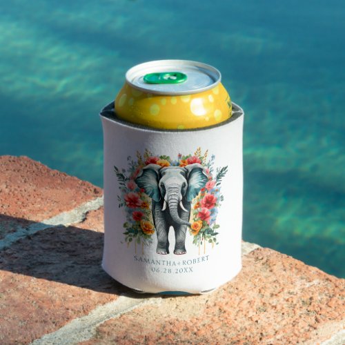 Floral Elephant Bay Blue White Can Cooler