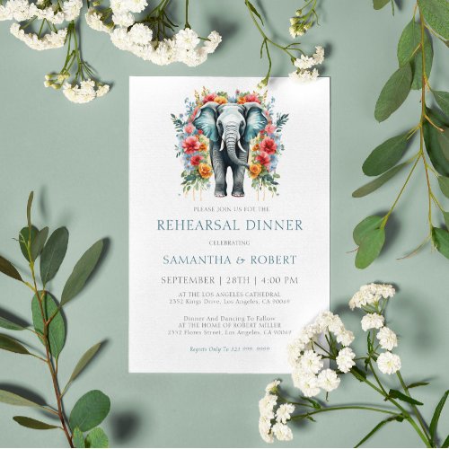 Floral Elephant Bay Blue White Rehearsal Dinner Invitation