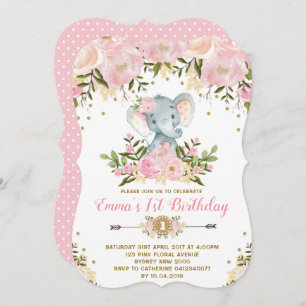 Floral Elephant Birthday Invitation Pink & Gold