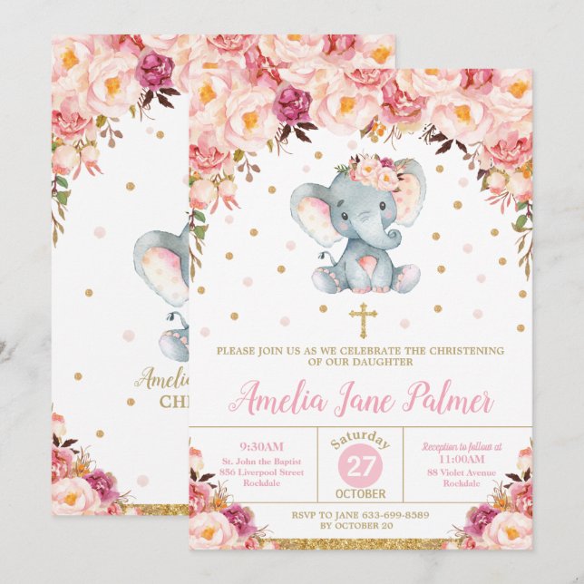 Floral Elephant Christening Baptism Girl Invitation (Front/Back)