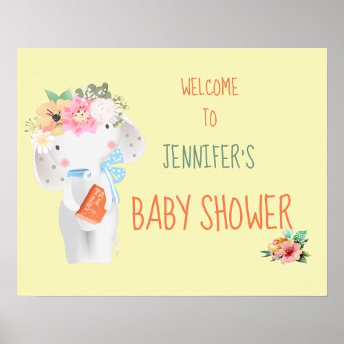 Floral Elephant Customizable Baby Shower Sign