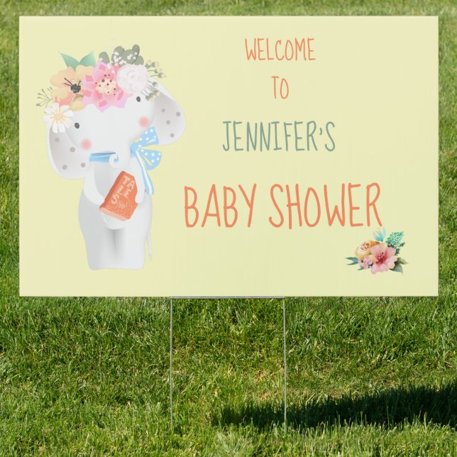 Floral Elephant Customizable Baby Shower Yard Sign (Insitu)