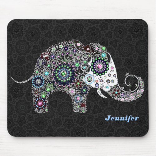 Floral Elephant  Faux Diamonds Illustration Mouse Pad