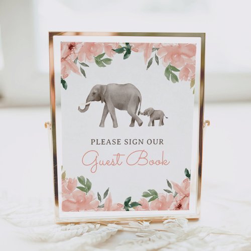 Floral Elephant Girl Baby Shower Guest Book Sign