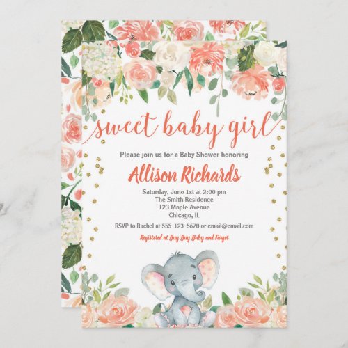 Floral elephant girl baby shower peach coral green invitation