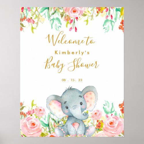 Floral Elephant Girl Baby Shower Welcome Sign