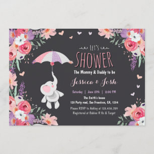 Floral Elephant Invitation baby shower Girl Pink