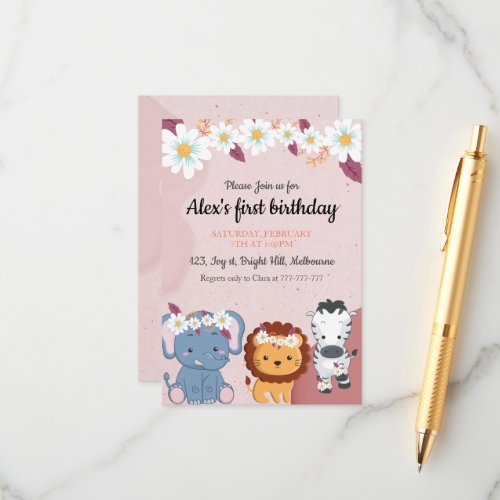 Floral Elephant Lion Zebra 1st Birthday invitation