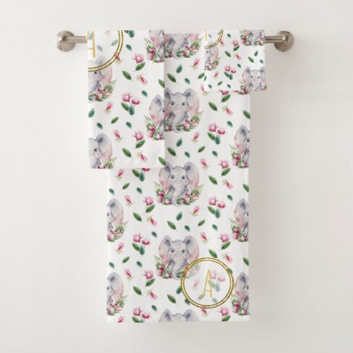 Floral ELEPHANT Monogram Girl Pink Bedroom Nursery Bath Towel Set