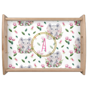 Floral ELEPHANT Monogram Girl Pink Bedroom Nursery Serving Tray