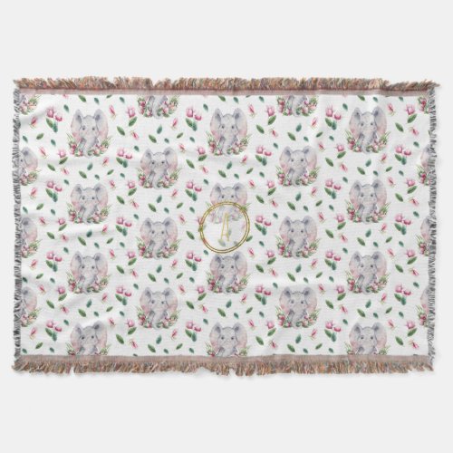 Floral ELEPHANT Monogram Girl Pink Bedroom Nursery Throw Blanket