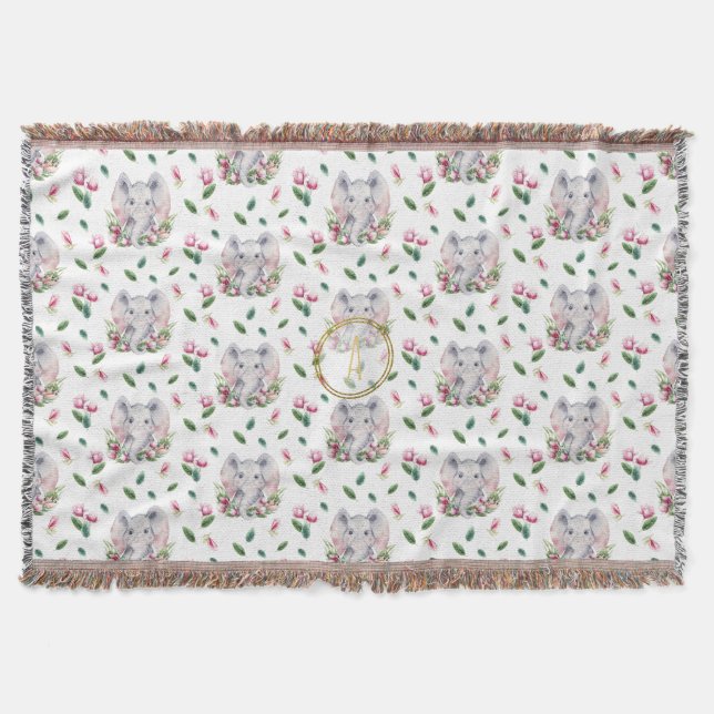 Floral ELEPHANT Monogram Girl Pink Bedroom Nursery Throw Blanket (Front)