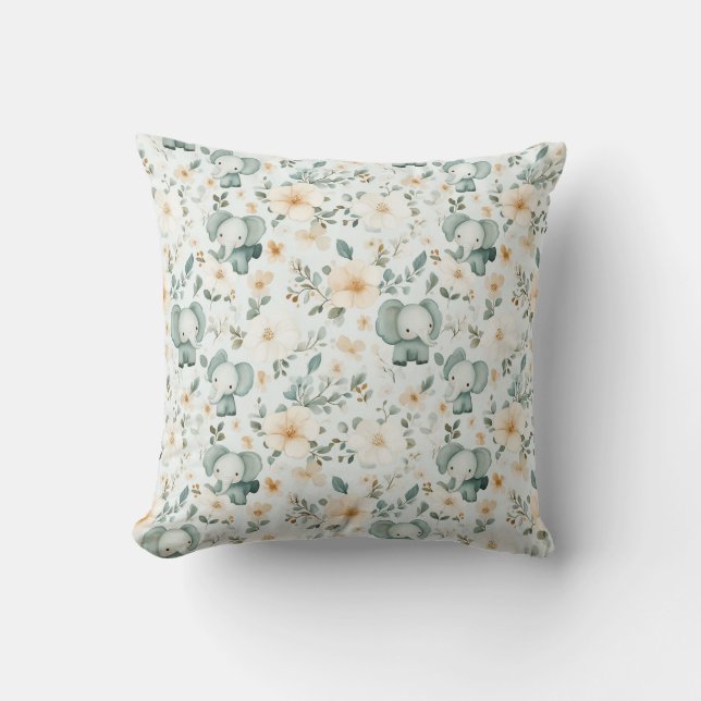 Floral Elephant Nursery Throw Pillow (Front)