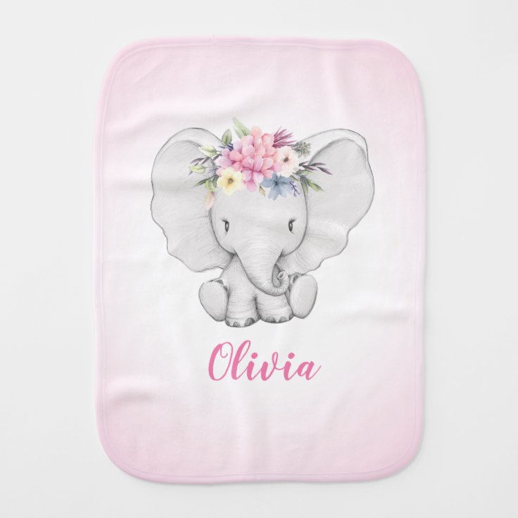 Floral Elephant Personalized Girl Baby Burp Cloth | Zazzle