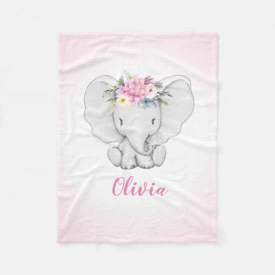 Floral Elephant Personalized Girl Fleece Blanket