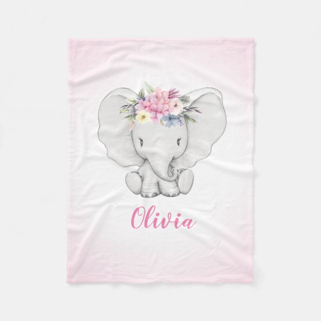 Floral Elephant Personalized Girl Fleece Blanket (Front)