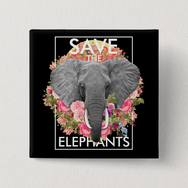 Floral Elephant Pinback Button (Front)
