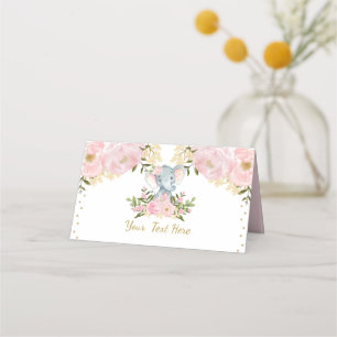 Floral Elephant Pink Gold 1st Birthday Baby Shower Place Card