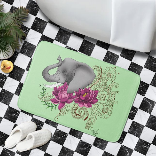 Floral Elephant Pink Lotus Henna Mandala Green Bath Mat (Creator Uploaded)