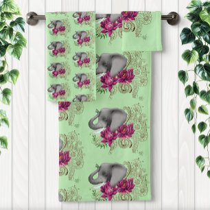Floral Elephant Pink Lotus Henna Mandala Green Bath Towel Set