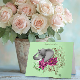 Floral Elephant Pink Lotus Henna Mandala Green Card