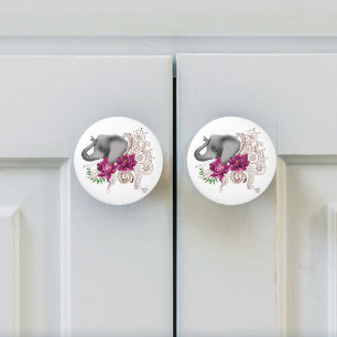 Floral Elephant Pink Lotus Henna Mandala Green Ceramic Knob