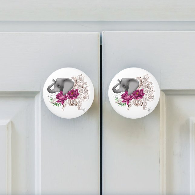 Floral Elephant Pink Lotus Henna Mandala Green Ceramic Knob (Creator Uploaded)