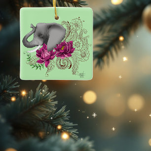 Floral Elephant Pink Lotus Henna Mandala Green Ceramic Ornament