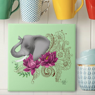 Floral Elephant Pink Lotus Henna Mandala Green Ceramic Tile
