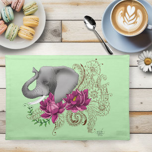 Floral Elephant Pink Lotus Henna Mandala Green Cloth Placemat